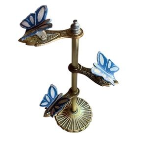 Vintage Allied Brass Blue Butterfly Clip Note Card Recipe Holder Stand 3 Clips